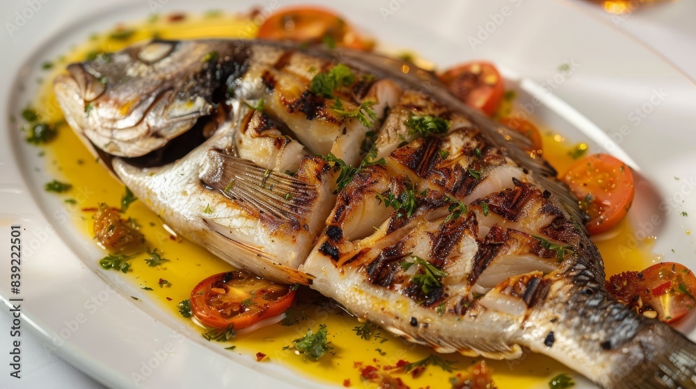 Grilled sea bream, food photography, 16:9