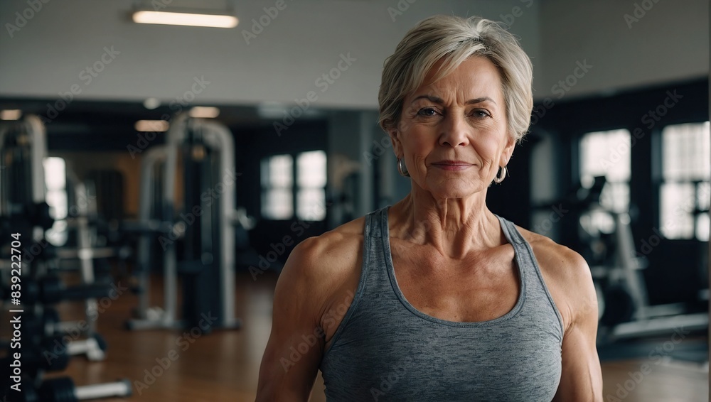 Mature woman standing in a fitness studio Mature woman standing in a fitness studio