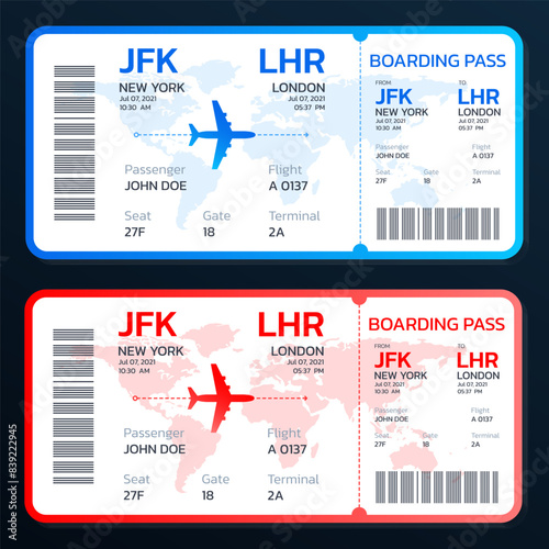 Airline ticket. Flight, boarding pass design. Travel by plane concept. Vector illustration.