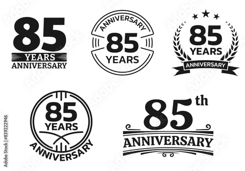 85 years icon or logo set. 85th anniversary celebrating sign or stamp. Jubilee, birthday celebration design element. Vector illustration.