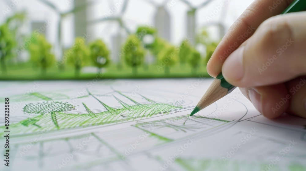 Draw green city on paper,Hand-Drawn Sustainable Urban Landscape with Wind Turbines on a Graph Chart Background Draw green city on paper,Hand-Drawn Sustainable Urban Landscape with Wind Turbines on a Graph Chart Background