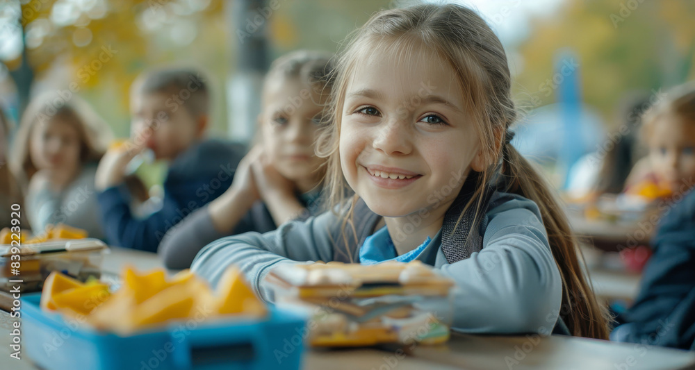 School chilren eating healthy food from packed lunch box. Kids at table in cafeteria. Pupils have vegetarian breakfast in canteen. Back to school concept. Generative ai School chilren eating healthy food from packed lunch box. Kids at table in cafeteria. Pupils have vegetarian breakfast in canteen. Back to school concept. Generative ai