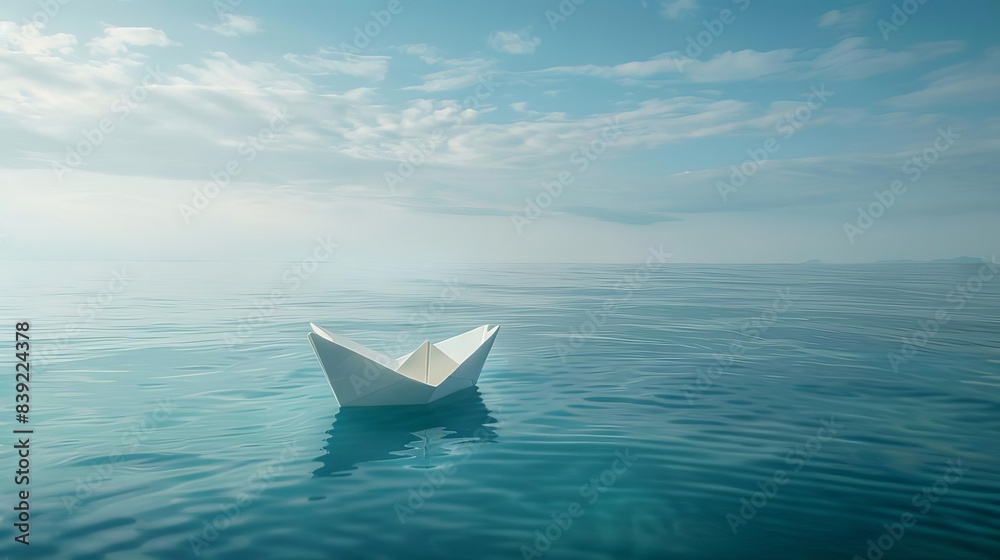 tiny paper boat adrift on a vast tranquil ocean surreal conceptual photography