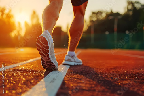 Runner man getting ready to run doing warm-up dynamic leg stretch exercises routine, Male athlete stretching lower body hamstring muscles before going running outside in summer outdoors.
