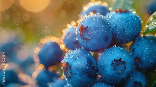 A cluster of ripe blueberries on the bush, surrounded by morning mist in a serene orchard, highlighting the freshness and natural beauty of the fruit.

