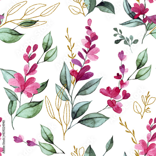 watercolor seamless pattern with pink wisteria flowers and gold leaves. elegant print