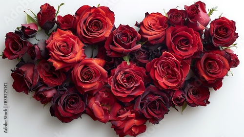 A heart-shaped wreath made of red roses on a solid white background