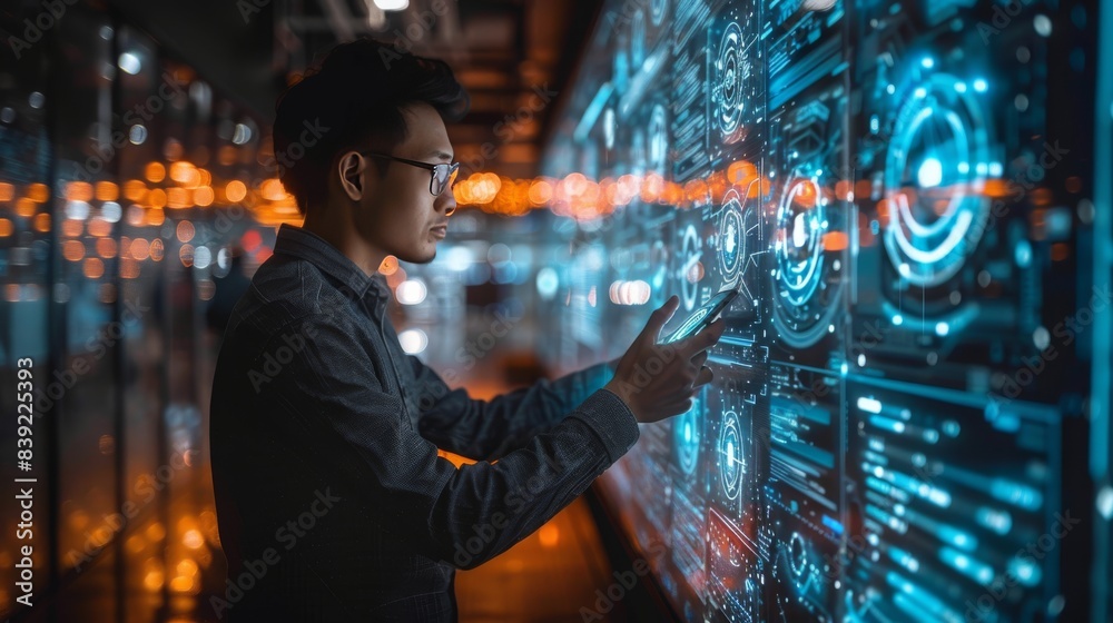 Businessman looking at a smartphone screen with a holographic display of security analytics and encrypted data symbols 