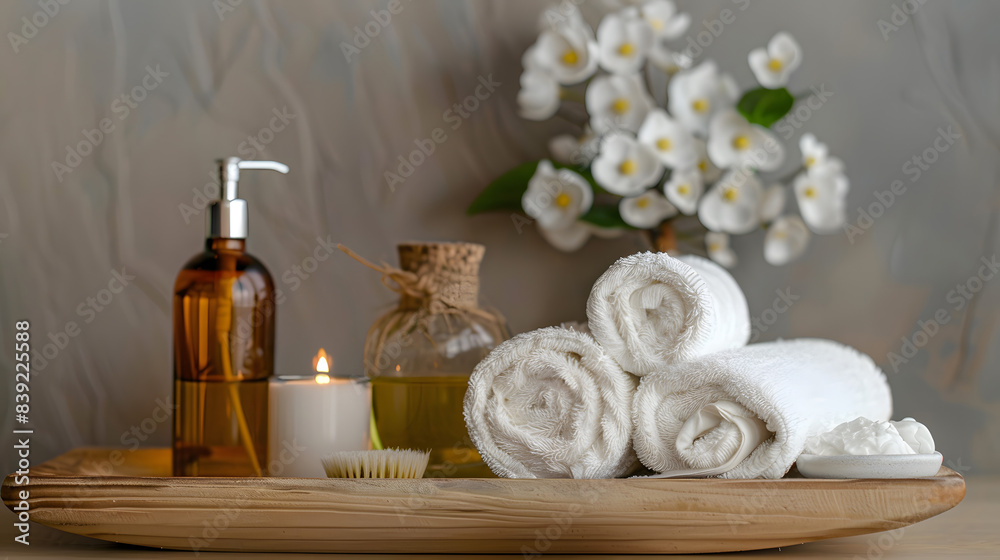 Spa composition in white bathroom with towels and cosmetics. Spa composition in white bathroom with towels and cosmetics.