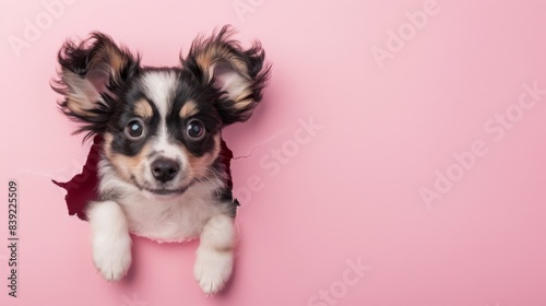 A cute little puppy with floppy ears peeking through a hole in a sunny pink paper wall, custom banner