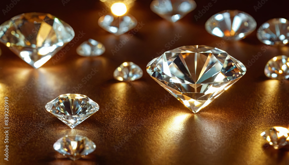 A close-up photograph showcasing a cluster of brilliant diamonds on a shimmering golden surface. The diamonds reflect light and sparkle intensely A close-up photograph showcasing a cluster of brilliant diamonds on a shimmering golden surface. The diamonds reflect light and sparkle intensely