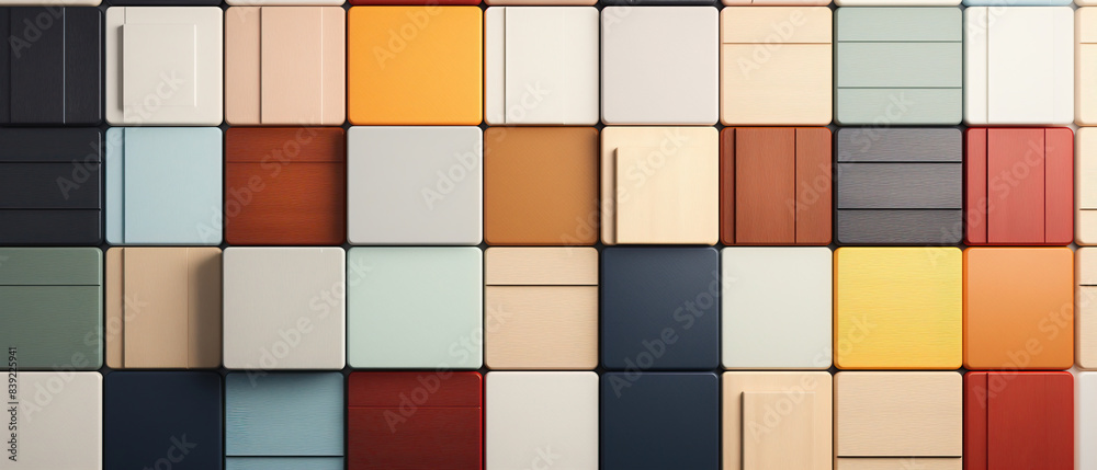 A close-up shot of a wall featuring a grid of square tiles in various colors and textures. The tiles are arranged in a pleasing pattern, creating a visually stimulating and abstract composition A close-up shot of a wall featuring a grid of square tiles in various colors and textures. The tiles are arranged in a pleasing pattern, creating a visually stimulating and abstract composition