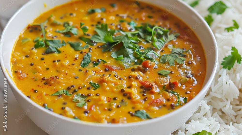 A bowl of comforting lentil dal curry, flavored with spices like cumin, turmeric, and garam masala, served with rice A bowl of comforting lentil dal curry, flavored with spices like cumin, turmeric, and garam masala, served with rice