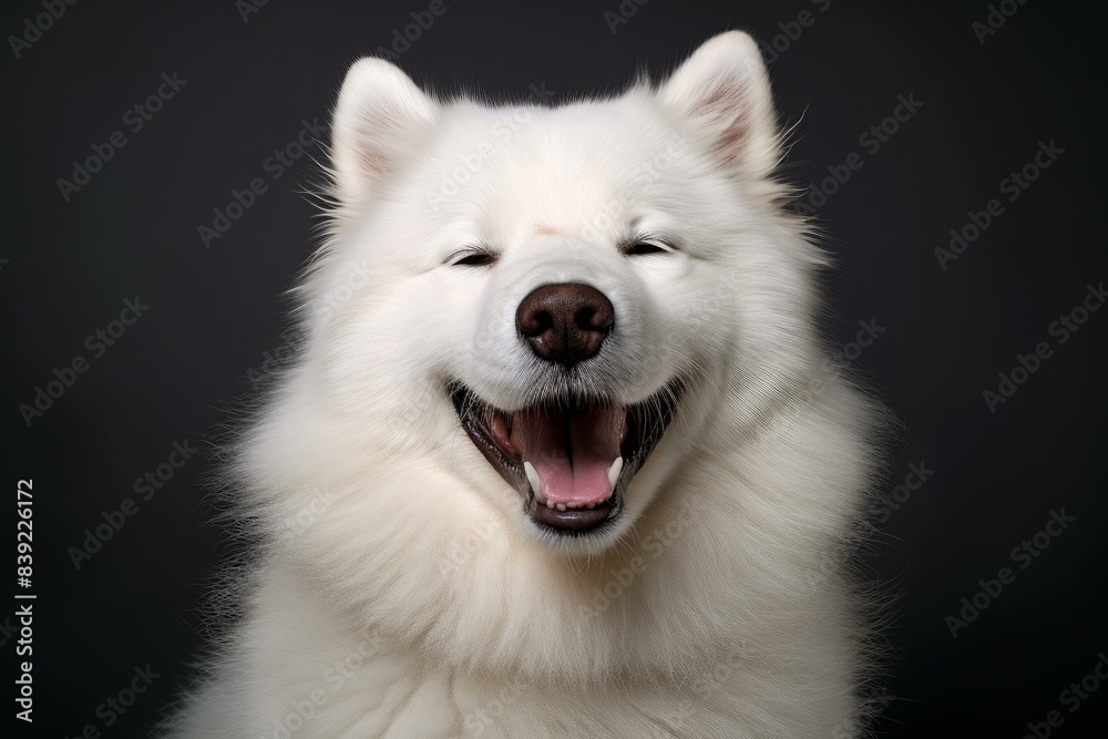 Portrait of a cheerful samoyed dog with a wide smile, isolated on a dark studio background Portrait of a cheerful samoyed dog with a wide smile, isolated on a dark studio background