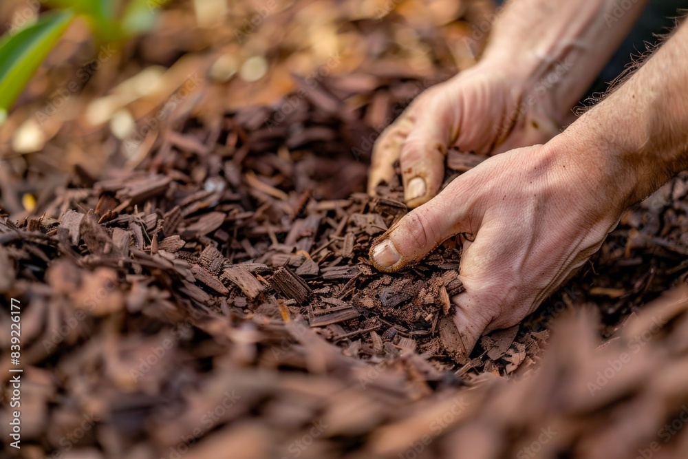 Hands mulching soil with bark chips in garden, mulch closeup, crushed wood pieces, copy space Hands mulching soil with bark chips in garden, mulch closeup, crushed wood pieces, copy space
