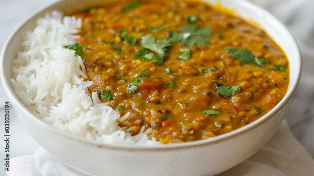 A bowl of comforting lentil dal curry, flavored with spices like cumin, turmeric, and garam masala, served with rice A bowl of comforting lentil dal curry, flavored with spices like cumin, turmeric, and garam masala, served with rice