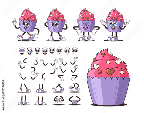 Cute Cartoon Cupcake Characters Set With Various Facial Expressions, Arm And Leg Positions. Animation Constructor
