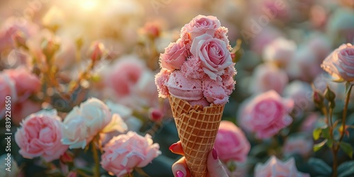 pink roses icecream waffle cone concept, ai