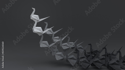 Paper crane flock flying rise, paper craft origami, 3D render