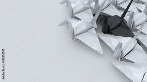 Black paper crane among white, paper craft origami, 3D render