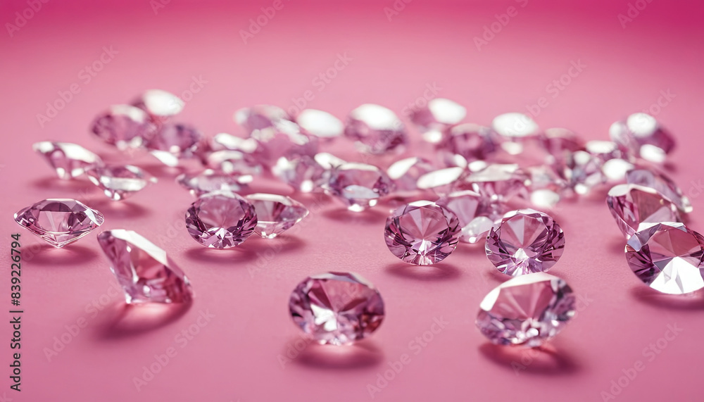 A close-up image of a collection of pink diamonds scattered on a pink background A close-up image of a collection of pink diamonds scattered on a pink background