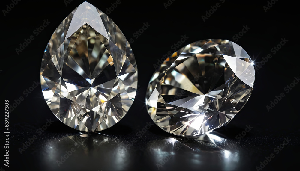 Two sparkling diamonds, one pear-shaped and one round, are arranged on a black surface Two sparkling diamonds, one pear-shaped and one round, are arranged on a black surface