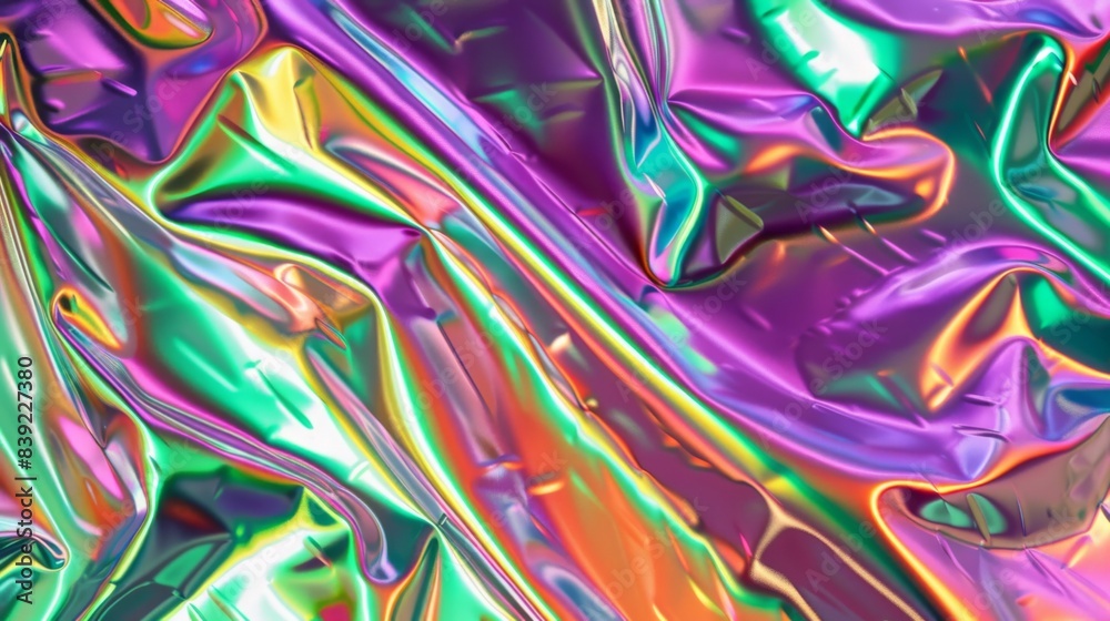 Fototapeta premium Modern bright neon metallic purple, green, orange colored psychedelic holographic foil texture. Abstract holographic background