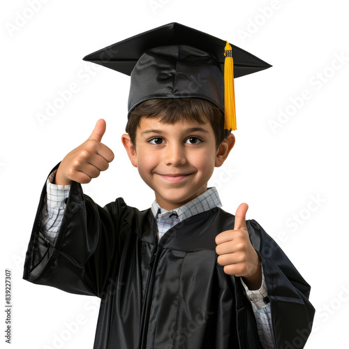 Kid in graduation cap and gown giving a thumbs up isolated on transparent background..