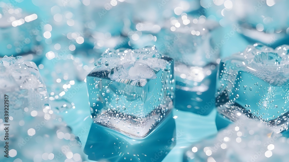 A closeup of ice cubes on light blue background, showcasing their crisp and refreshing appearance. creating an atmosphere that evokes coolness and freshness. A closeup of ice cubes on light blue background, showcasing their crisp and refreshing appearance. creating an atmosphere that evokes coolness and freshness.
