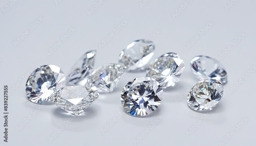 A group of round brilliant cut diamonds are displayed on a white surface. The diamonds sparkle and catch the light A group of round brilliant cut diamonds are displayed on a white surface. The diamonds sparkle and catch the light