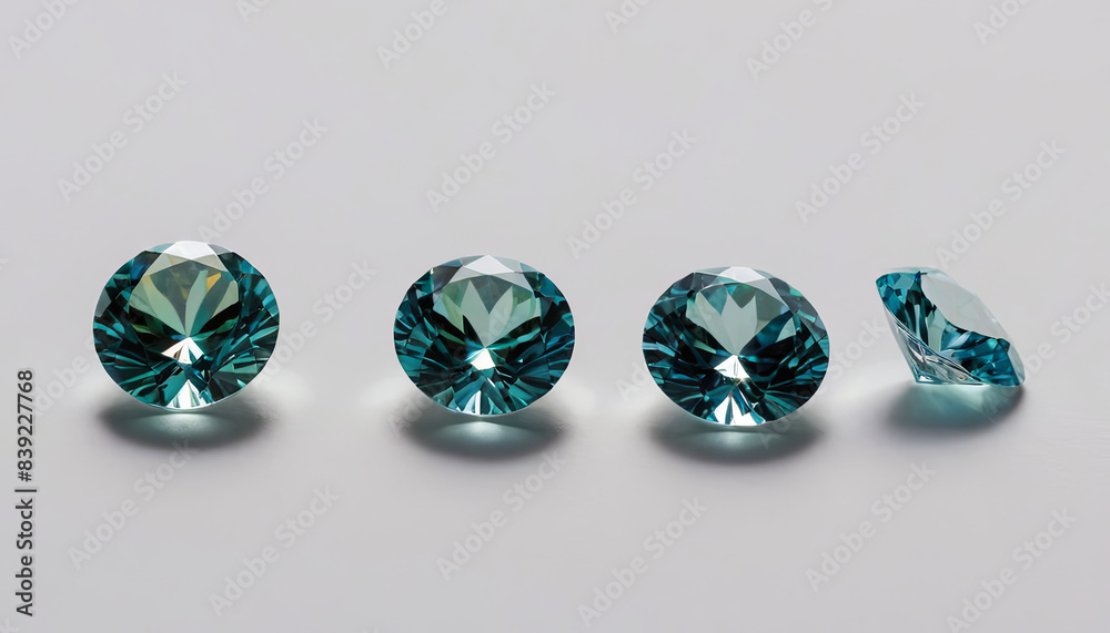 Four round blue diamonds are arranged in a row on a white surface. The diamonds are all the same size and shape, and they are all faceted. The diamonds are lying flat on the surface, and they are all Four round blue diamonds are arranged in a row on a white surface. The diamonds are all the same size and shape, and they are all faceted. The diamonds are lying flat on the surface, and they are all