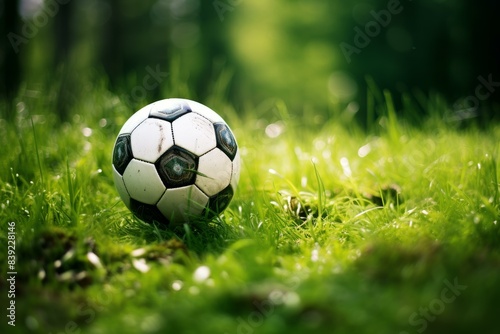 Classic white soccer ball lies on a lush green lawn, bathed in sunlight, ready for play © juliars