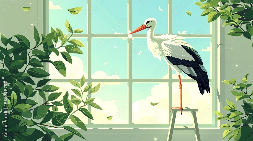 Fototapeta premium A stork cleaning the windows, perched on a ladder to reach high spots, in a house with large, bright windows. Flat color illustration, shiny, Minimal and Simple,