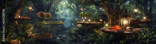 High-angle view of an enchanting forest filled with floating culinary islands