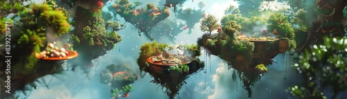 High-angle view of an enchanting forest filled with floating culinary islands photo