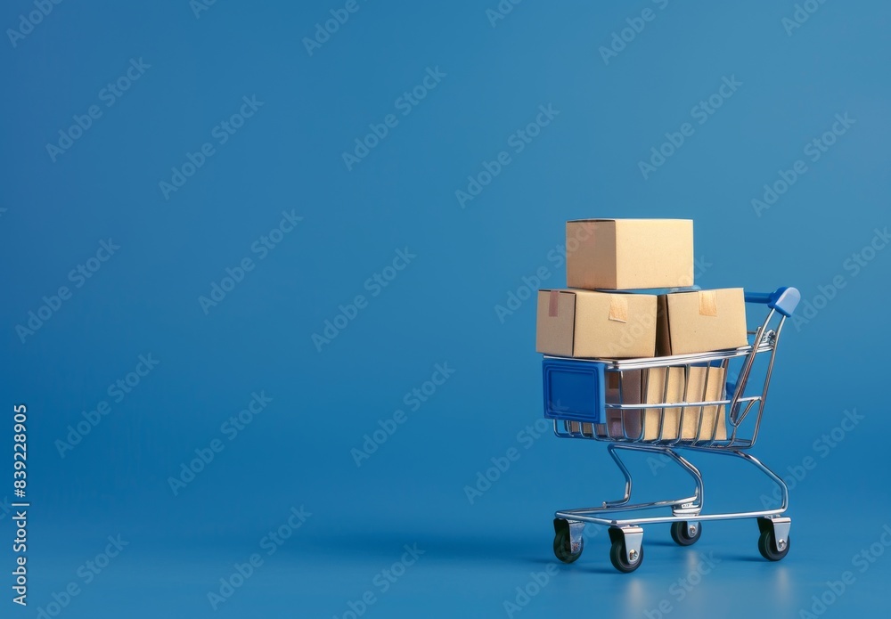 A blue backdrop featuring a toy shopping cart loaded with boxes. Space for text or design, symbolizing sales, discounts, shopping, and delivery trends in consumer society. A blue backdrop featuring a toy shopping cart loaded with boxes. Space for text or design, symbolizing sales, discounts, shopping, and delivery trends in consumer society.