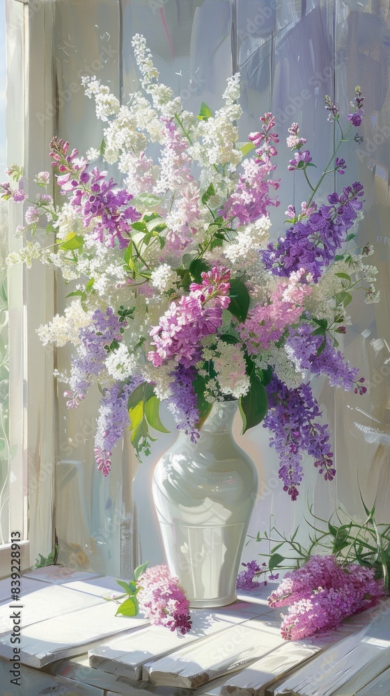 Obraz premium lilac foxglove flowers in white vase interior home decoration, ai