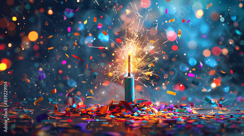 Festive illustration of a firecracker exploding with vibrant confetti and serpentine photo