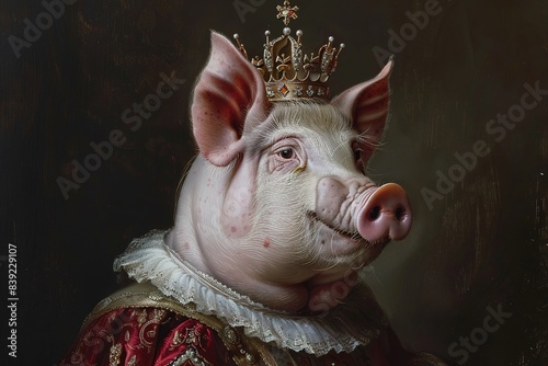 Renaissance portrait of anthropomorphic medieval royal pig queen wearing crown