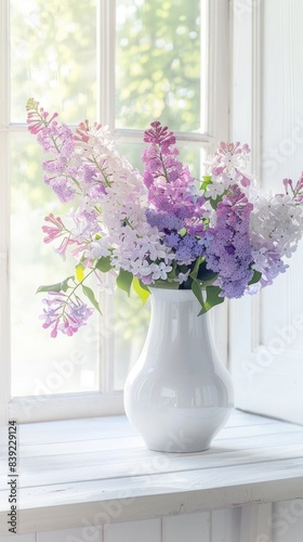 lilac foxglove flowers in white vase interior home decoration  ai