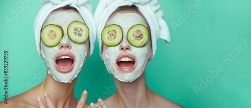 Beauty wellness spa skin care cosmetics conept - Happy young pretty women, girlfriends with mask and cucumber slices on their faces, isolated on green background