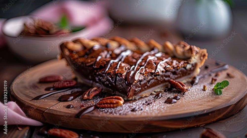 Close-up of a delicious pecan pie slice on a wooden board with chocolate drizzle and pecans, perfect for a dessert shot. Close-up of a delicious pecan pie slice on a wooden board with chocolate drizzle and pecans, perfect for a dessert shot.