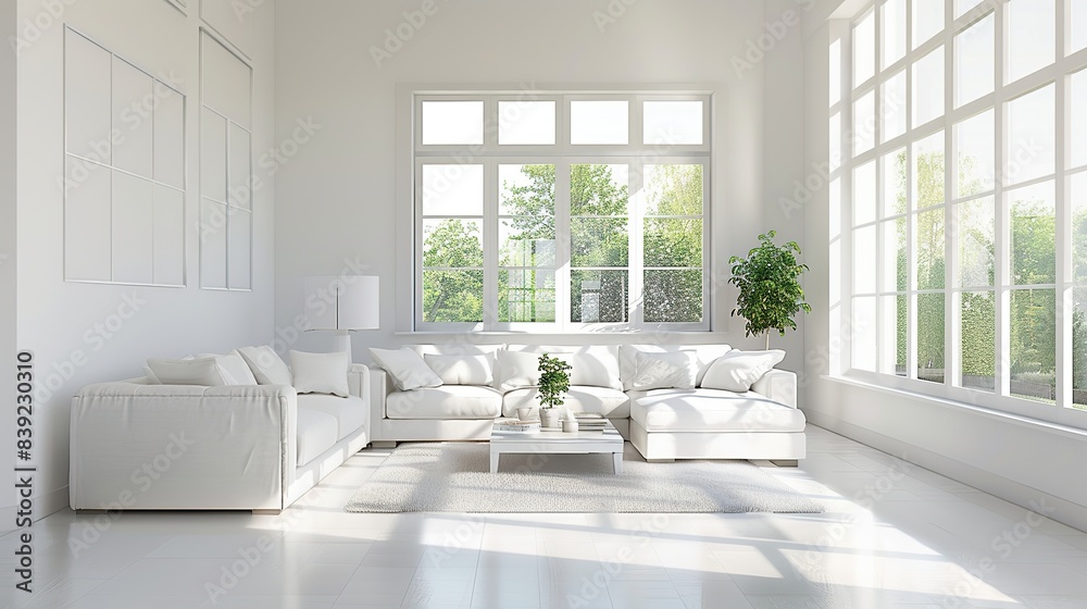 Serene minimalist white living room bathed in natural sunlight