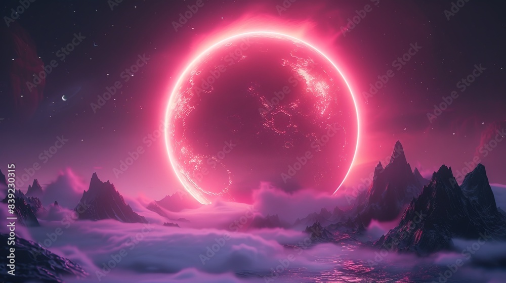 Abstract fantasy circle neon space landscape. Star nebulae, month and moon, mountains, fog. Unreal fantasy world