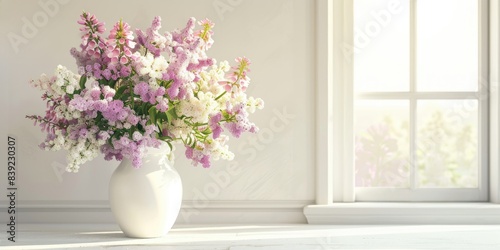 lilac foxglove flowers in white vase interior home decoration  ai