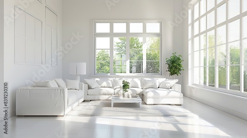 Serene minimalist white living room bathed in natural sunlight