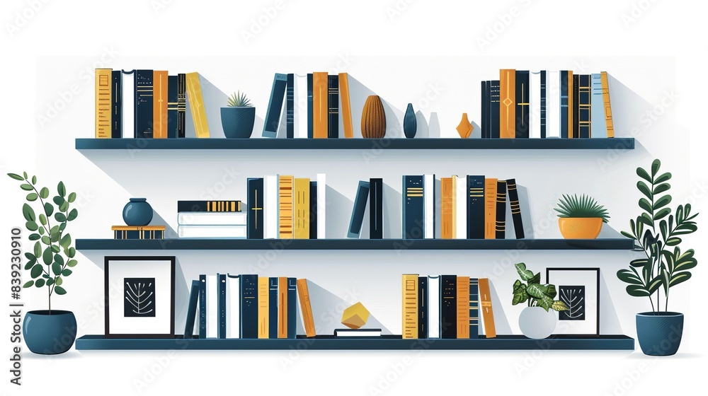 A modern bookshelf with open shelves and a minimalist design, housing a curated collection of books, decorative objects, and plants. Flat color illustration, shiny, Minimal and Simple, A modern bookshelf with open shelves and a minimalist design, housing a curated collection of books, decorative objects, and plants. Flat color illustration, shiny, Minimal and Simple,