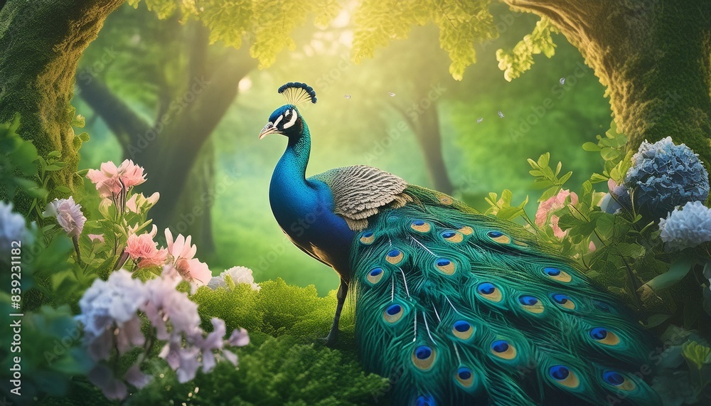 Fototapeta premium Melody of Verdant Beauty: Flourishing Forests Graced by Peacock and Flowers