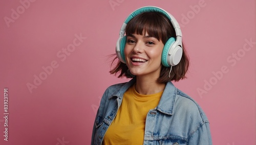 Portrait of good mood adorable woman with bob hair wear colorful top touch headphones enjoy music isolated on pink color background