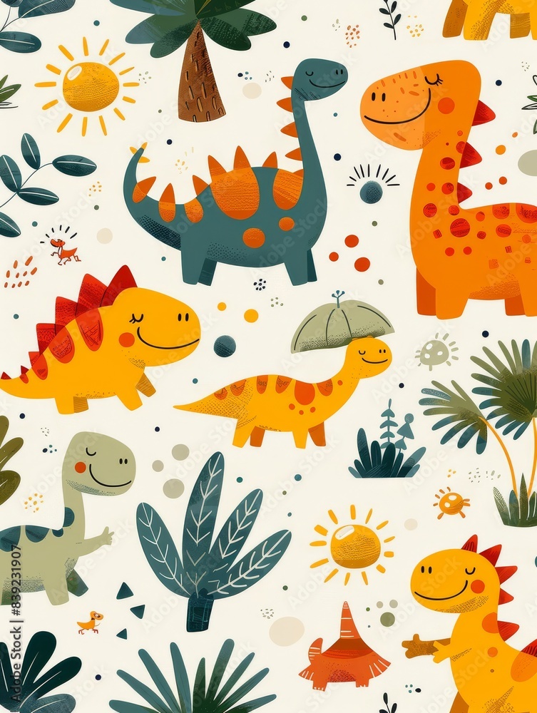 Cute dinosaur pattern with colorful illustrations of smiling dinosaurs, suns, and plants perfect for kids and nursery designs. Cute dinosaur pattern with colorful illustrations of smiling dinosaurs, suns, and plants perfect for kids and nursery designs.